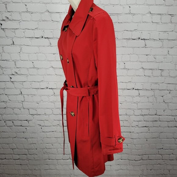 London Fog Red Double Breasted Buttoned Belted Lightweight Rain Coat Small S - Picture 14 of 16